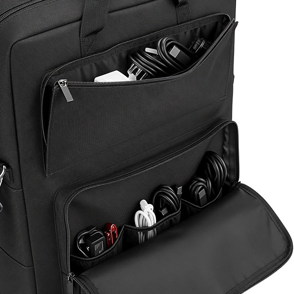 Black Solar Panel Storage Bag with Multiple Pockets and Shoulder Strap