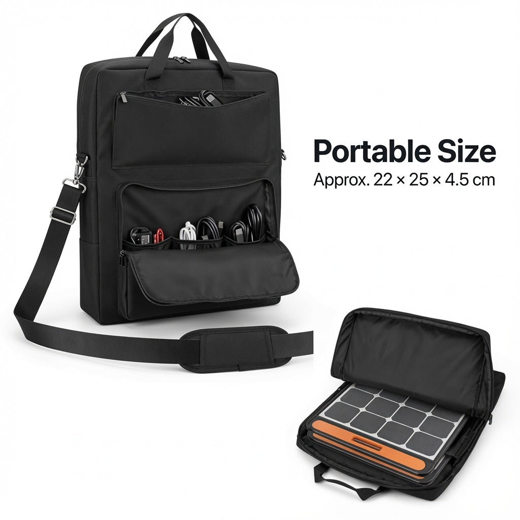 Black Solar Panel Storage Bag with Multiple Pockets and Shoulder Strap