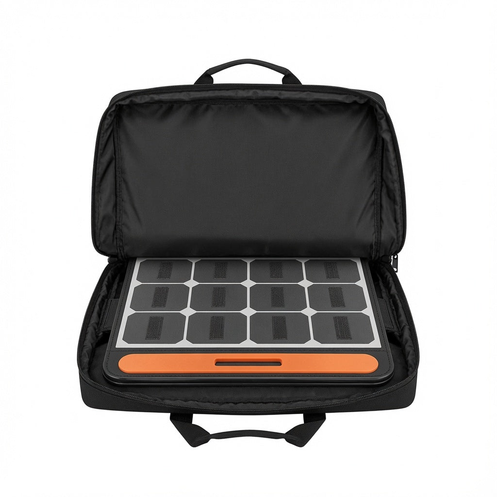 Black Solar Panel Storage Bag with Multiple Pockets and Shoulder Strap