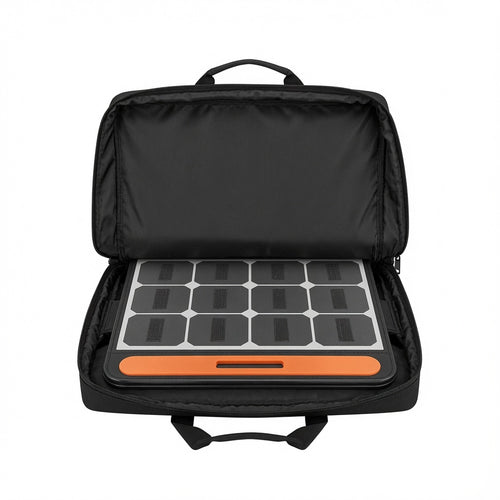 Black Solar Panel Storage Bag with Multiple Pockets and Shoulder Strap