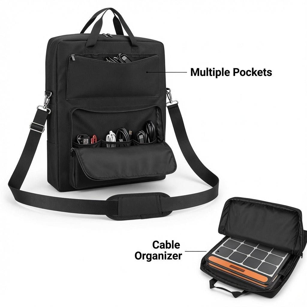Black Solar Panel Storage Bag with Multiple Pockets and Shoulder Strap