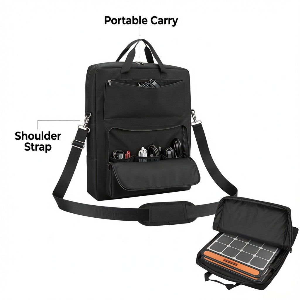 Black Solar Panel Storage Bag with Multiple Pockets and Shoulder Strap